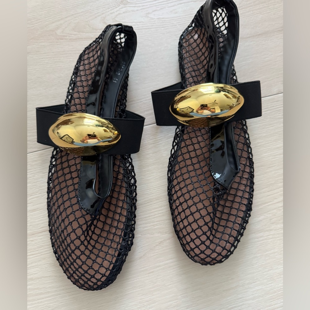 black mesh and gold mary jane flats